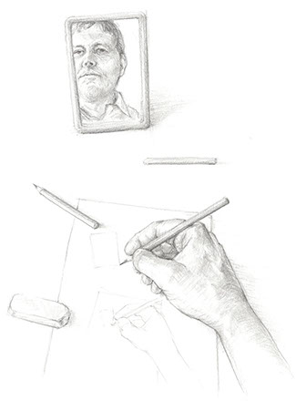 Edi Ettlin, self portrait with mirror, pencil drawing