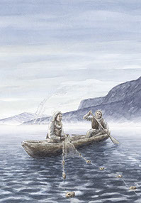 «Fische kennen keine Grenzen» Neolithische Seeufersiedler mit Einbaum und Zugnetz beim Fischen im Winter vor Kehrsiten. Bürgenstock, Rigi
